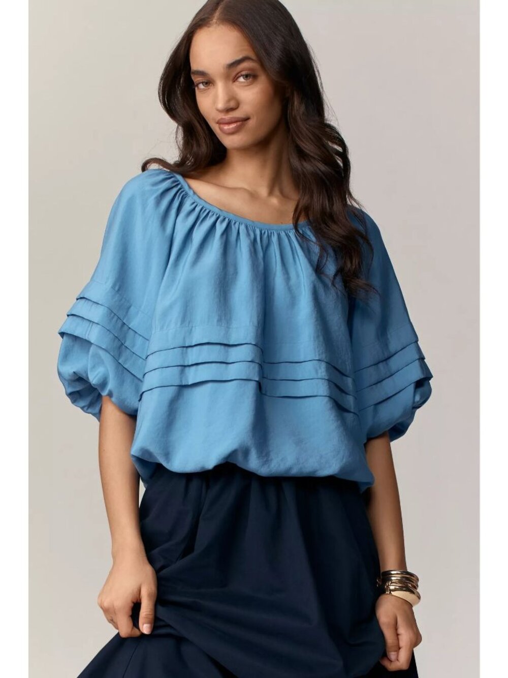 ANTHROPOLOGIE Maeve Short-Sleeve Bubble Tiered Top Sz S Cornflower Blue